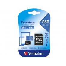 256GB microSD Class10 A1 UHS-I + SD adapter  Verbatim Premium microSDXC, 600x, Up to: 90MB/s