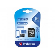 64GB microSD Class10 A1 UHS-I + SD adapter Verbatim Premium microSDXC, 600x, Up to: 90MB/s