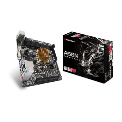 Biostar A68N-2100K, MB + CPU onboard: Dual-Core AMD E1-6010 1.35GHz, 2xDDR3-1600, AMD Radeon R2 Graphics, VGA, HDMI, 1x PCI-Ex16, 2xSATA3, COM+LPT, 7.1-Ch HDA, 1GbE LAN, 2xUSB3.2, 2xUSB 2.0, mini-ITX