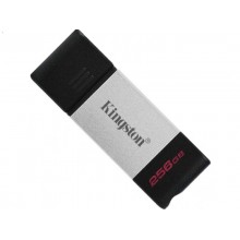 256GB USB-С3.2  Kingston DataTraveler 80, Black/Silver, USB-C, Cap design, Stylish and slim metal & plastic casing fits, Keyring Loop (Read 200 MByte/s, Write 60MByte/s)