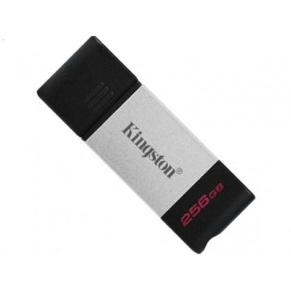256GB USB-С3.2  Kingston DataTraveler 80, Black/Silver, USB-C, Cap design, Stylish and slim metal & plastic casing fits, Keyring Loop (Read 200 MByte/s, Write 60MByte/s)