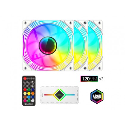 PC Case Fan GAMEMAX KF300 WH, 3xARGB Fan Kit, 120mm, <31.21dB, 800-1600RPM, Remote+ Hub, White
