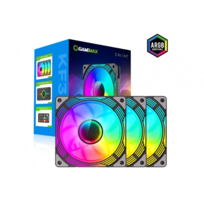PC Case Fan GAMEMAX KF300 BK, 3xARGB Fan Kit, 120mm, <31.21dB, 800-1600RPM, Remote+ Hub, Black