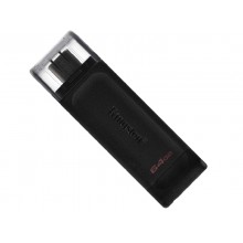 64GB USB-С3.2  Kingston DataTraveler 70, Black, USB-C, Cap design, Stylish and slim plastic casing fits, Keyring Loop (Read 80 MByte/s, Write 20 MByte/s)